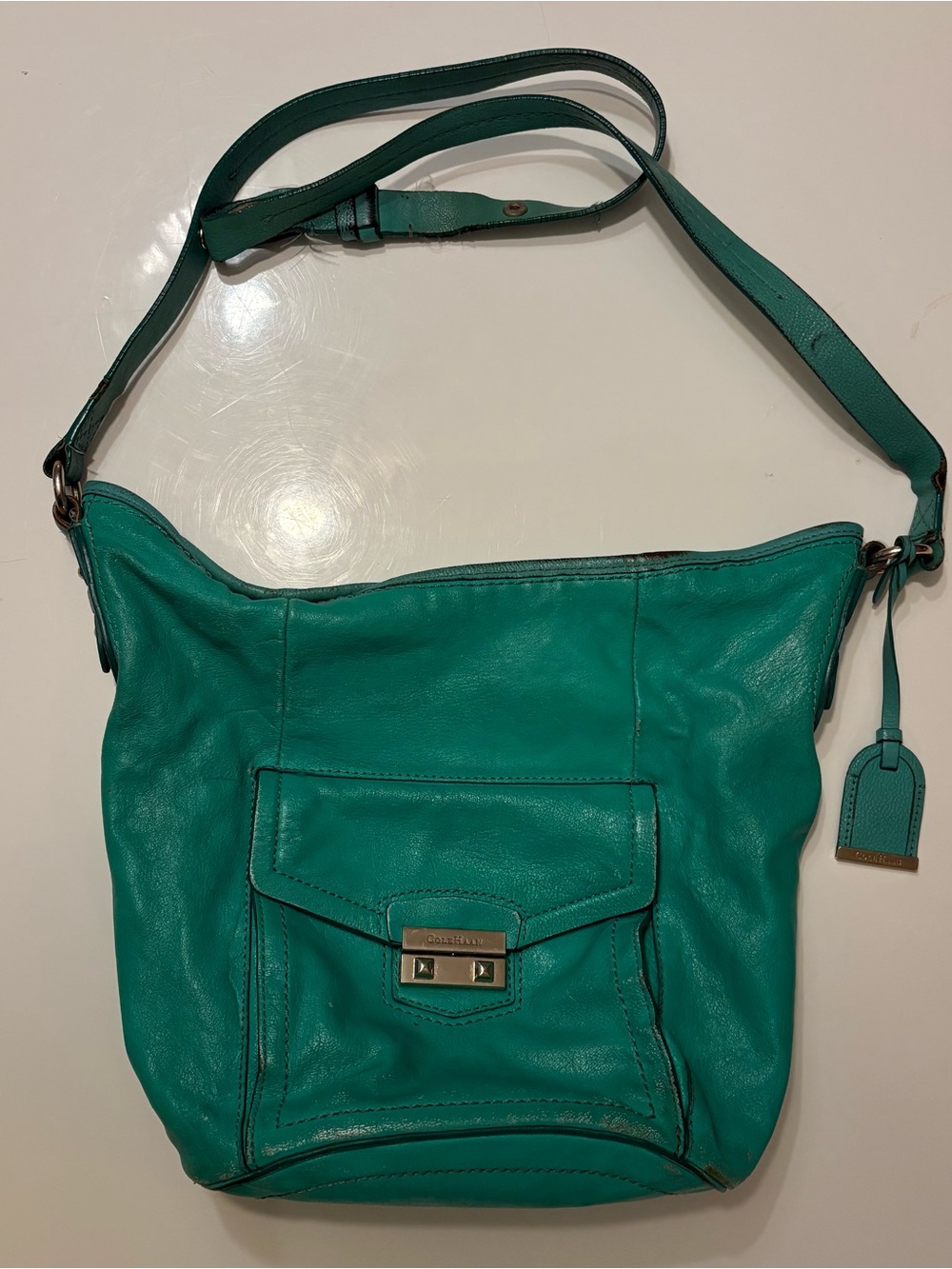 Y2K Cole Haan Green Leather Bucket Crossbody Bag Shoulder Purse